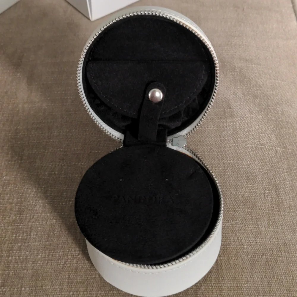 New Pandora White Round Jewelry Case +  Box,  Multi sections, Pouch, Travel